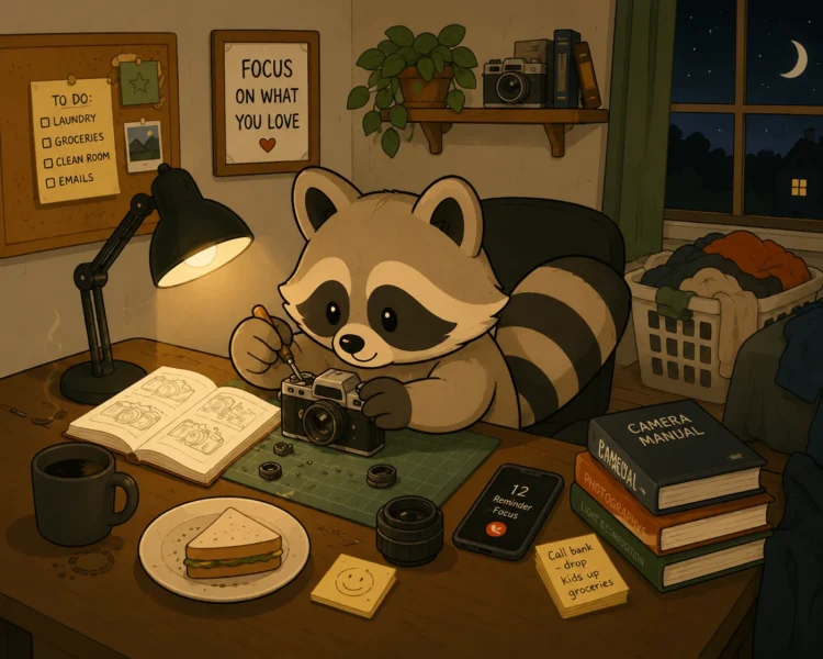 Pache hyperfocused on repairing a camera while chores, reminders, food, and laundry go unattended