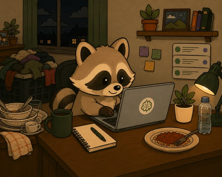 Pache focused on his laptop while dirty dishes, laundry, food, and other unfinished tasks pile up around him