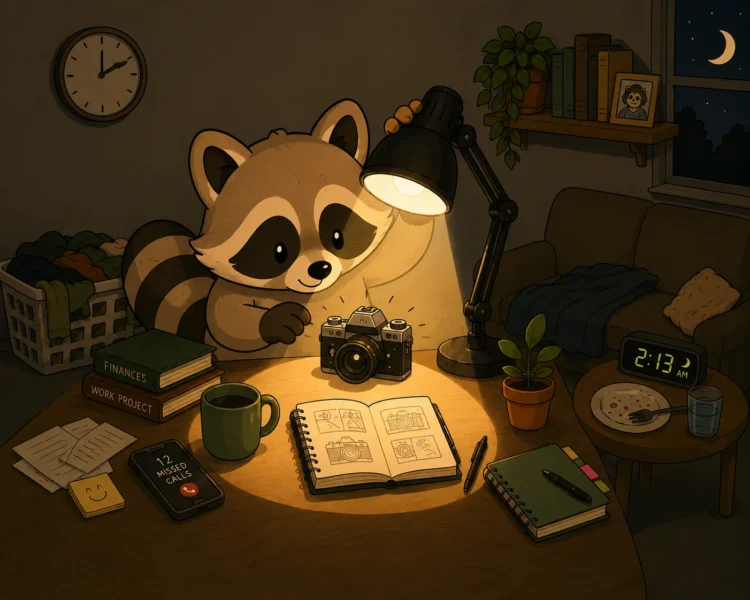 Pache hyperfocused on a camera project late at night while missed calls and unfinished responsibilities pile up