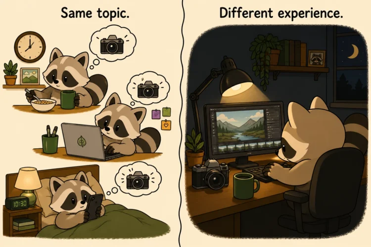 Pache thinking about photography throughout the day compared with becoming completely absorbed in it during ADHD hyperfocus