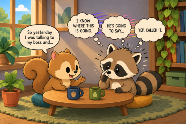 Pache listening to a squirrel tell a story while mentally predicting what the squirrel will say next.
