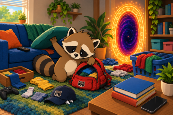 Pache searching for his lost AirPods under a couch cushion and inside a backpack, unaware that the earbuds are hiding beneath a cap nearby.