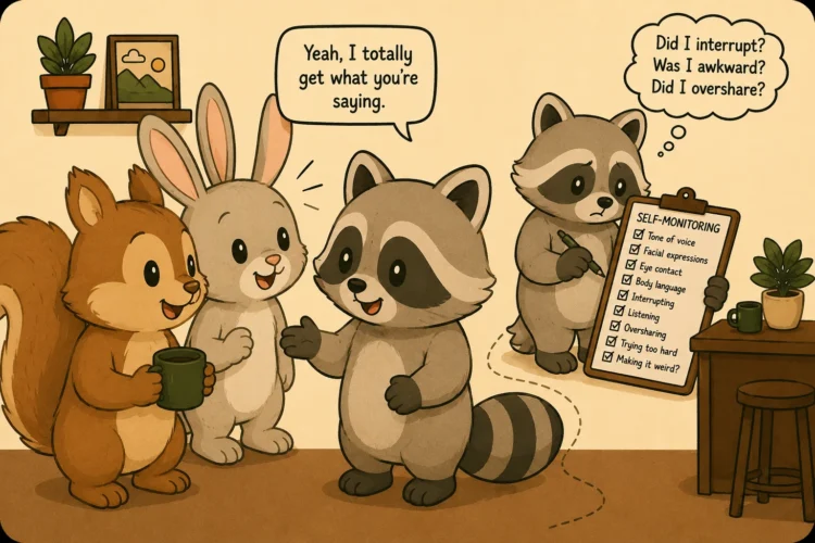 Pache talking with friends while mentally monitoring his behavior for interrupting, oversharing, and awkwardness