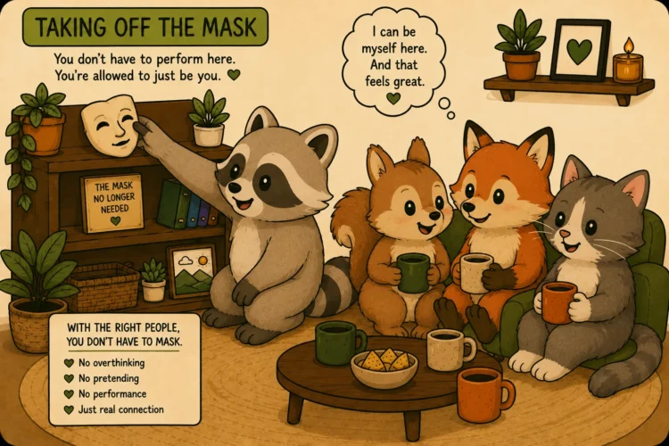 Pache taking off a mask while relaxing with friends who make him feel comfortable being himself