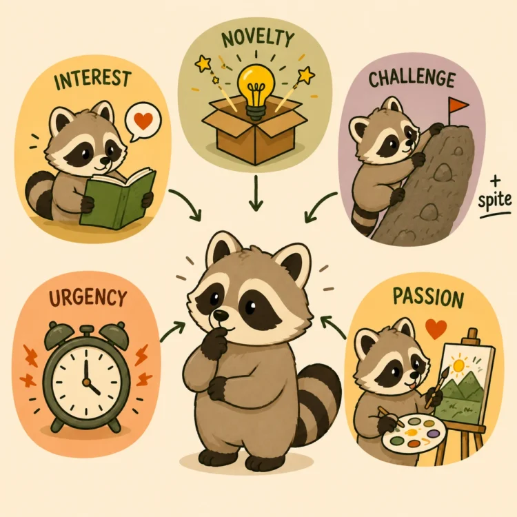 Pache surrounded by interest, novelty, challenge, urgency, and passion as sources of ADHD motivation