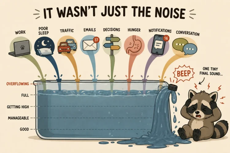 ADHD overstimulation threshold showing work, poor sleep, traffic, emails, decisions, hunger, notifications, and conversation building up before one final sound causes overflow.