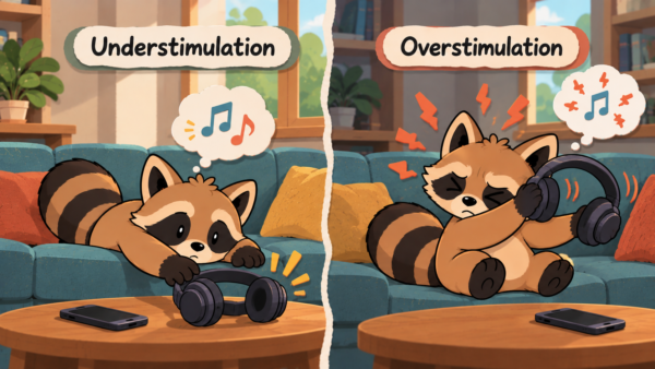Two versions of Pache on a couch: one reaching for headphones out of boredom, the other pulling headphones away because the music feels overwhelming.