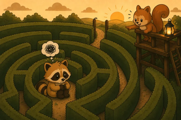 Pache feeling stuck in a maze of overthinking while a squirrel points toward the way out