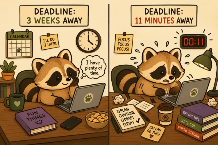 Pache procrastinating when a deadline is weeks away and rushing to work when only 11 minutes remain
