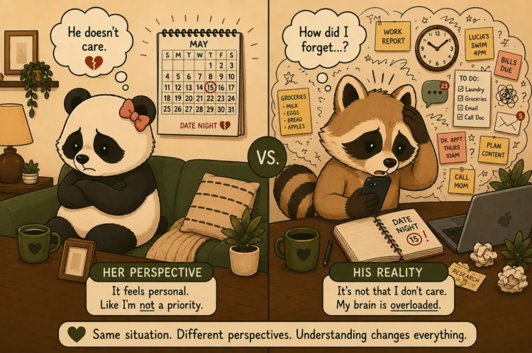 Pache overwhelmed by ADHD responsibilities while his panda partner feels forgotten after a missed date night