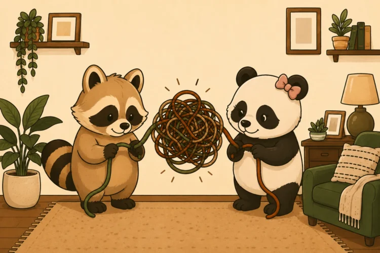 Pache and his panda partner working together to untangle a complicated knot of cords