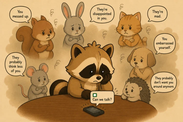Pache worrying about a “Can we talk?” text while imagined negative reactions from others surround him