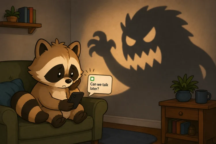 Pache overwhelmed after receiving a “Can we talk later?” text message, illustrating rejection sensitivity and overthinking