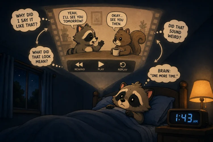 Pache awake at 1:43 a.m. replaying an earlier conversation, illustrating ADHD rumination at night.