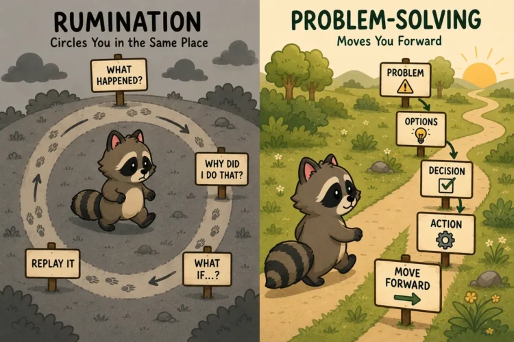 ADHD rumination shown as Pache walking in a circular thought loop compared with problem-solving moving forward toward action.