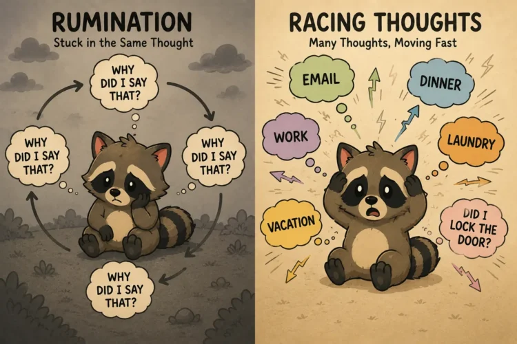 Illustration comparing repetitive ADHD rumination with rapidly changing racing thoughts.