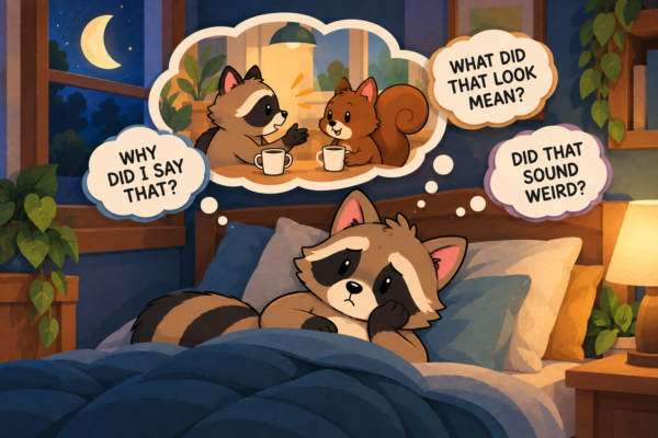 Pache lying awake in bed at night, replaying a conversation and worrying about what he said, what a look meant, and whether he sounded weird.