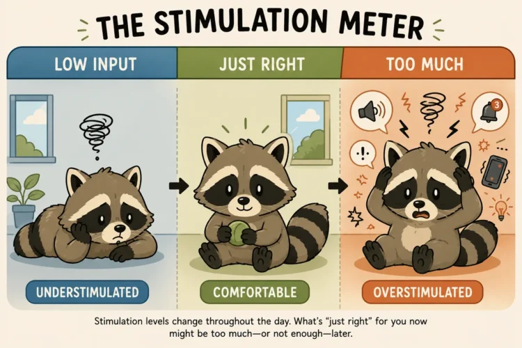 ADHD stimulation meter showing Pache understimulated, comfortable, and overstimulated.