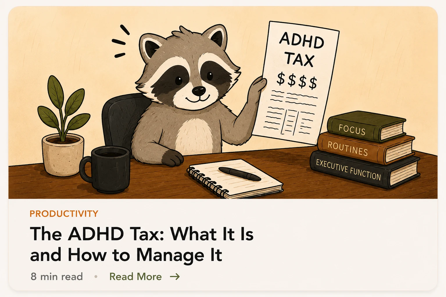     Pache the raccoon holding an ADHD tax bill