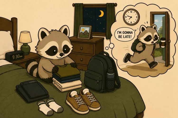 Pache preparing the night before with mismatched shoes while imagining himself rushing out late the next morning