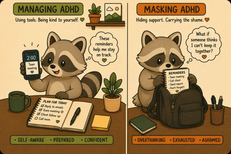 Pache comparing managing ADHD with helpful tools to masking ADHD by hiding the support he needs