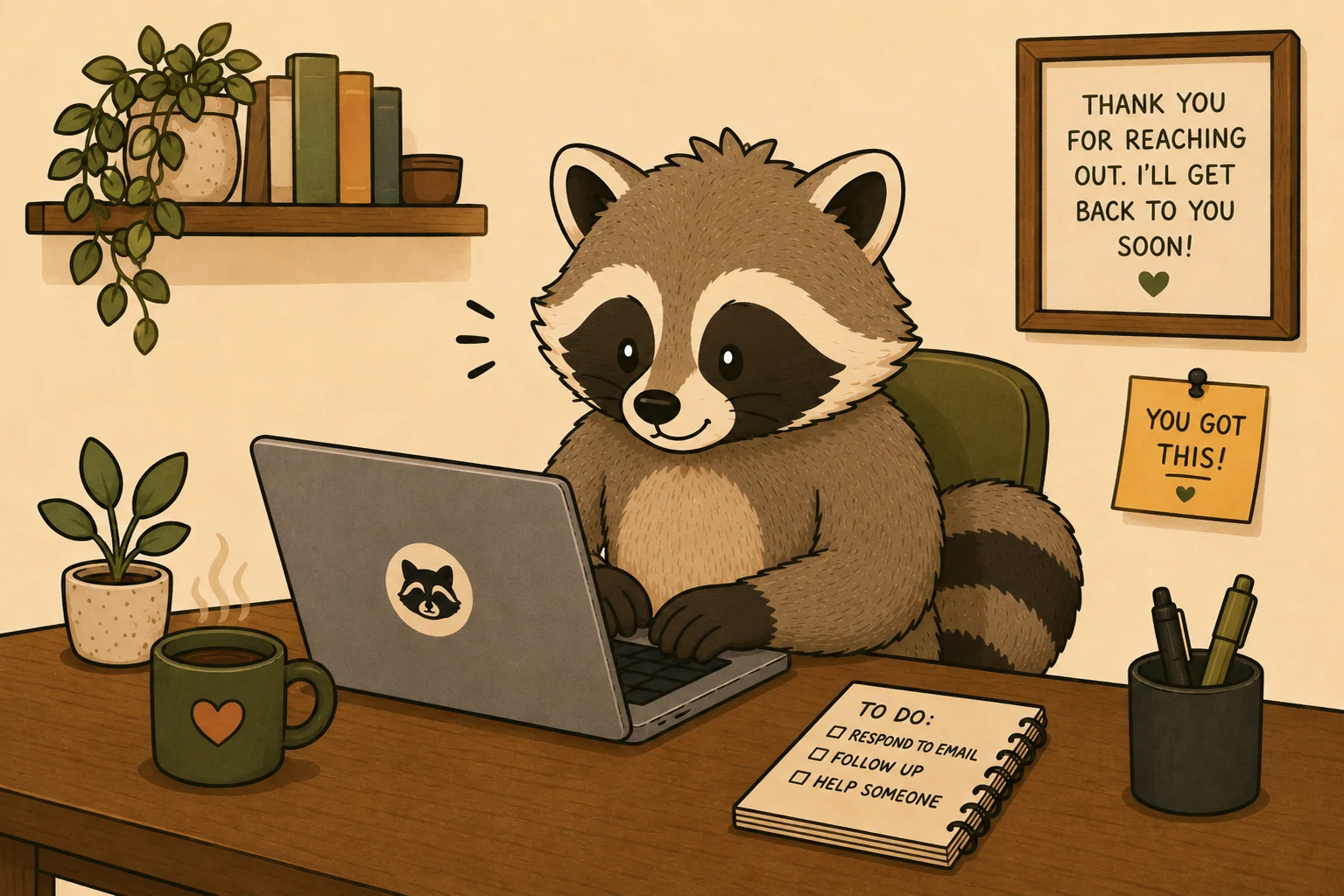     Pache the ADHDefined raccoon typing an email on a laptop