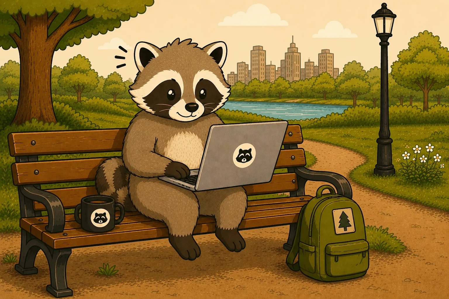     Pache the ADHDefined raccoon working on a laptop at a park
