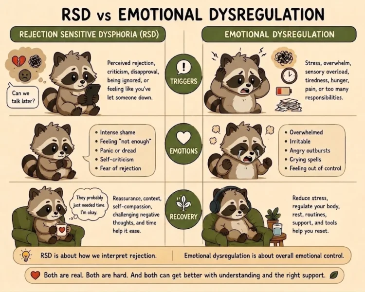Infographic comparing RSD and emotional dysregulation by triggers, emotions, and recovery strategies