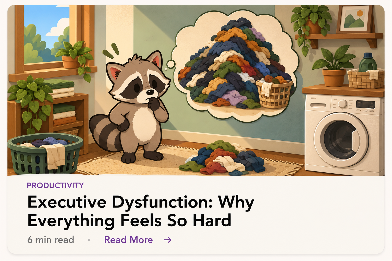 Pache overwhelmed by a pile of laundry, illustrating how ADHD executive dysfunction can make everyday tasks feel difficult to start and manage.