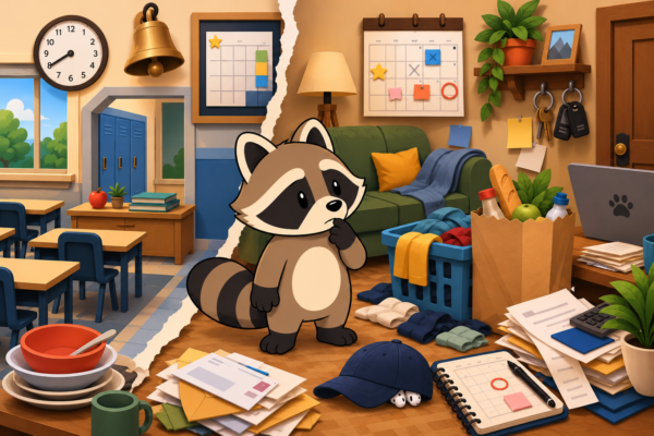 Pache standing between an organized classroom and a cluttered home filled with laundry, paperwork, groceries, and unfinished tasks.