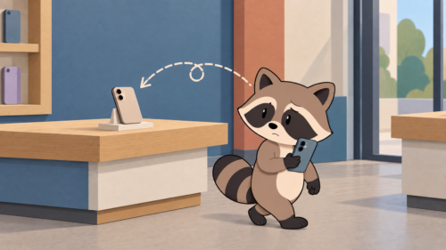 Pache looking back at a rejected phone after already choosing one, illustrating second-guessing and ADHD analysis paralysis.