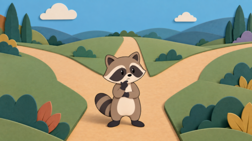 Pache standing at three equally inviting paths, illustrating ADHD analysis paralysis and difficulty making decisions.