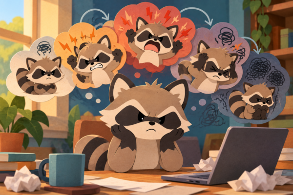 Pache overwhelmed by intense emotions and racing thoughts while sitting at his desk
