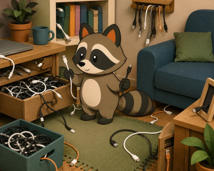Pache holds two charging cables while many more are scattered and hidden throughout the room