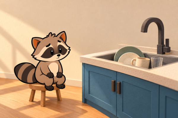 Pache sits beside a sink with a few dishes, hesitating to get started.