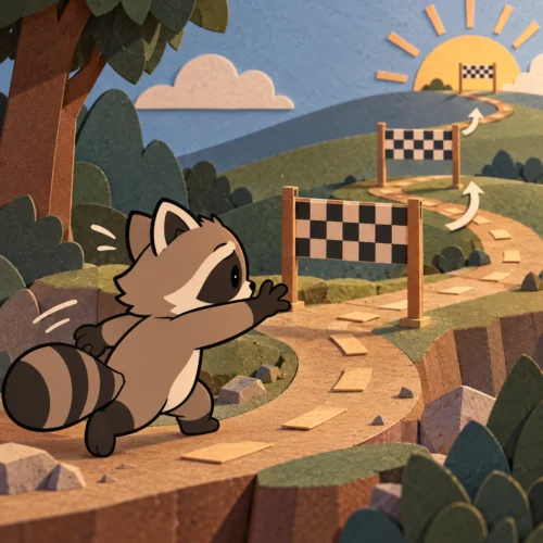  Pache reaching toward a finish line while more finish lines keep appearing ahead, illustrating ADHD perfectionism and moving standards.