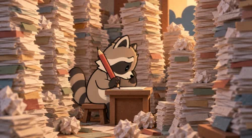 Pache surrounded by towering stacks of revisions while making one more correction, illustrating ADHD and perfectionism.