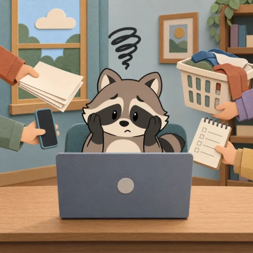 Pache struggling with ADHD task switching as several new requests interrupt him while he works on his laptop.