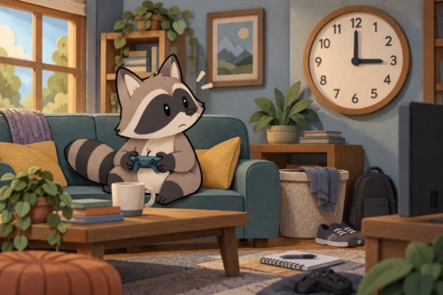 Pache checking the clock while gaming, illustrating how ADHD waiting mode can make a later appointment take over your attention.