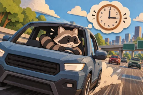 Pache rushing to an appointment in his car while thinking about the time, illustrating how ADHD waiting mode can still end with being late.