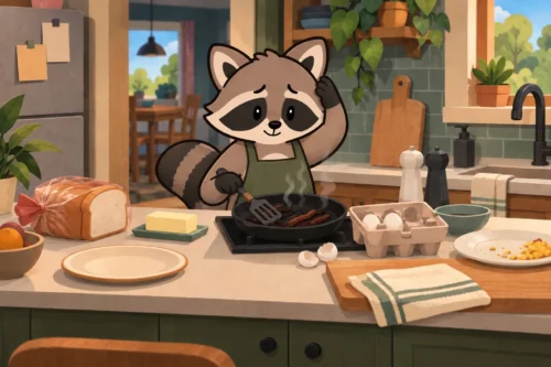 Pache cooking burnt bacon with eggs and breakfast ingredients visible on the counter, illustrating an ADHD working memory strategy.
