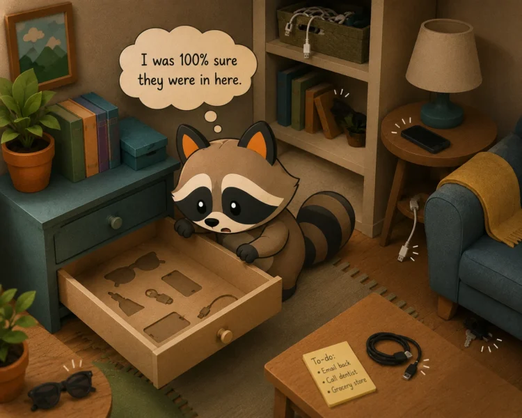 Pache searches an empty drawer for everyday items he was sure he had put there while the missing objects sit elsewhere in the room