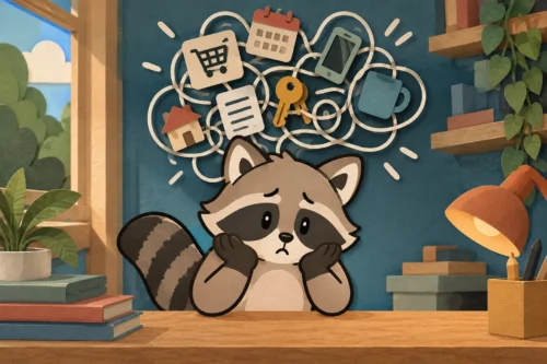 Pache overwhelmed by tangled thoughts and everyday information, illustrating ADHD working memory difficulties.