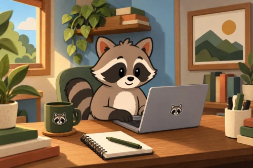 Pache the ADHDefined raccoon working at a laptop in a layered cardstock home office