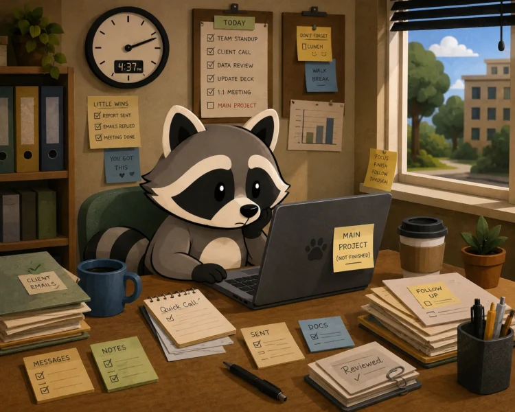 Pache sits at his desk at 4:37 PM surrounded by completed smaller tasks while his main work project remains unfinished