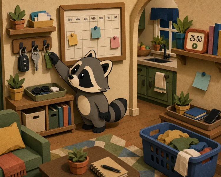 Pache puts his keys on a visible hook in a home arranged with a calendar, timer, everyday-item tray and accessible laundry basket