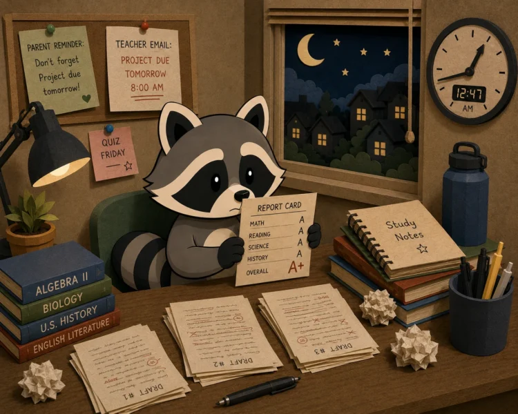 Student-age Pache holds an A+ report card after working late at night through multiple drafts, reminders and deadlines