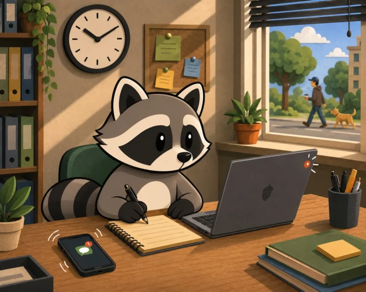 Pache sits calmly working at his desk while phone notifications, laptop alerts, the clock and activity outside compete for his attention