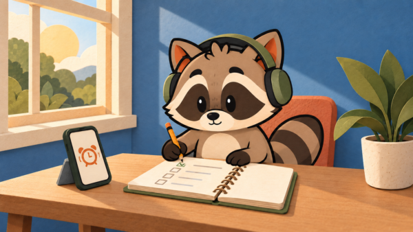 Pache wears headphones while marking a checklist, with an alarm on his phone beside him.