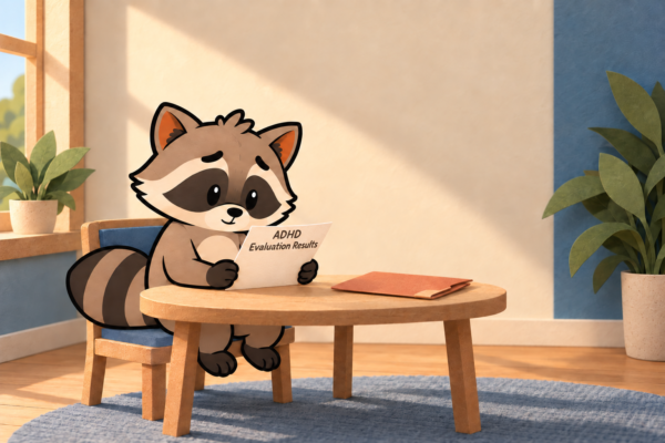 Pache reads his ADHD evaluation results while sitting at a table.